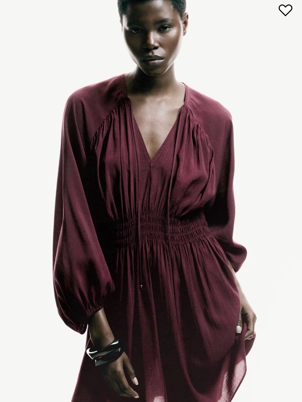 H&M Burgundy V-Neck Smocked-Waist Long Sleeve Tunic